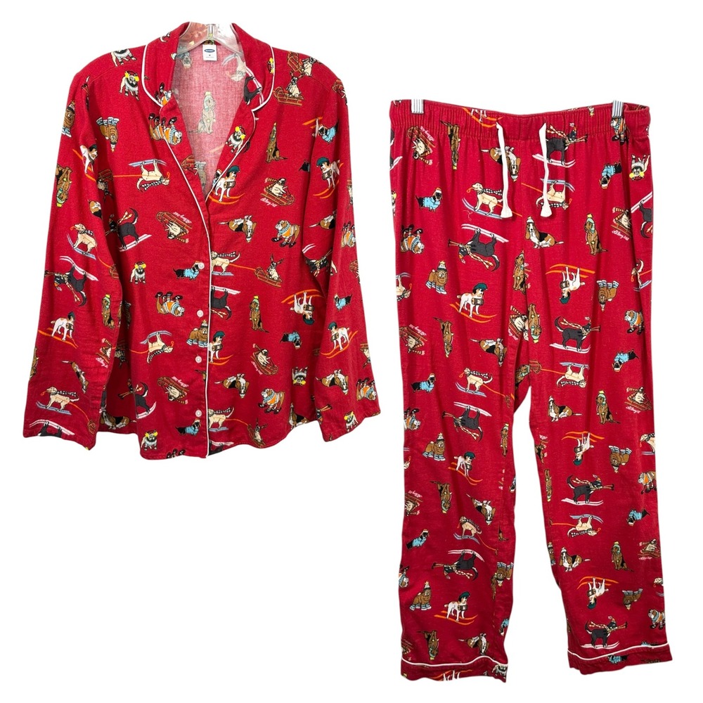 Old Navy Medium Pajama Set Red Flannel Christmas Dog Novelty Holiday Long 338